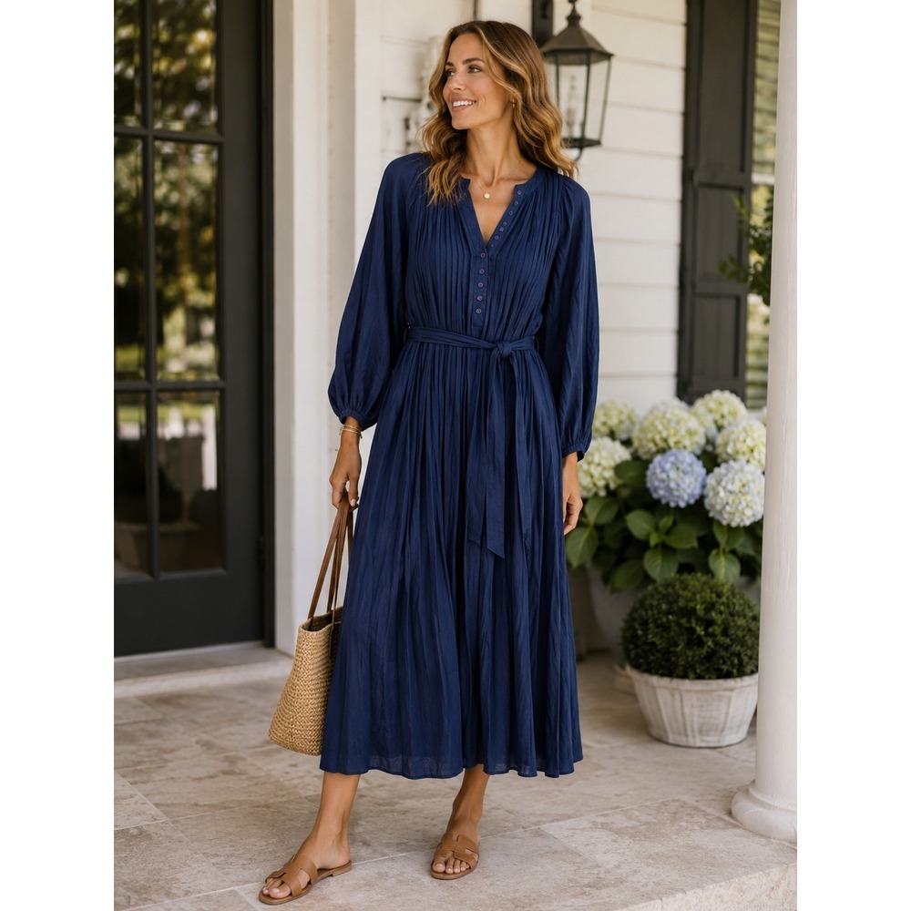 Apiece Apart Navy Blue Pleated Henley Midi Dress Balloon Sleeve‎ Size 0